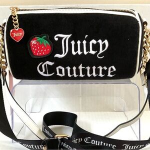 🍓NWT•Juicy Couture Black and White Barrel Crossbody Bag with Red Strawberry 🍓